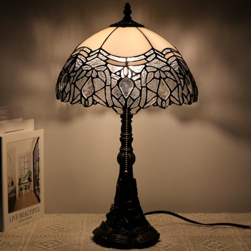 Image of 12 Inch Tiffany Stained Glass Lamp Shade Replacement Only (White) | Stained Glass Style Lampshade with Cap fit for Table lamp Pendant Light Ceiling Fixture
