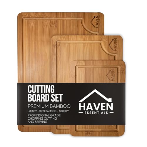 Haven Essentials Bamboo Cutting Board Set – 3 Wooden Chopping Boards with Deep Juice Grooves, 100% Natural Bamboo, Durable & Food Safe, Knife-Friendly Carving Boards for Kitchen Prep & Serving