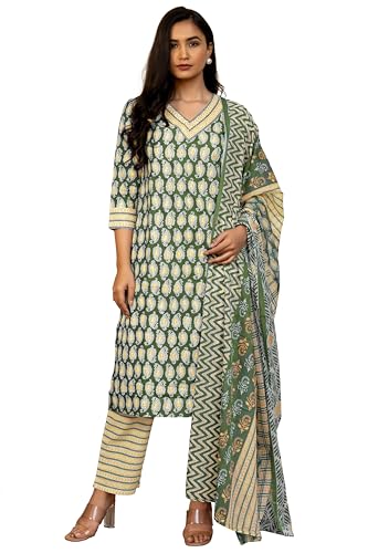 Image of MIRCHI FASHION Women's Straight Fit Pure Cotton Floral Printed Kurta Set with Dupatta and Pant