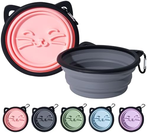 2 Stück Silikon Hundenapf Faltbar, Niedliche Katzenform mit Katzenbart-Muster, reisenapf für Hunde Unterwegs Ideal für Wandern, Campen und Spaziergänge (Rosa und Grau)