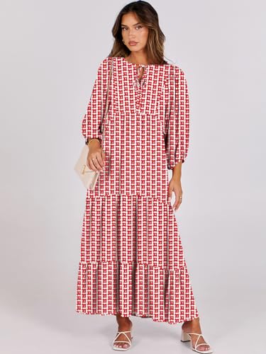 Image of ANRABESS Womens Boho Floral 3 /4 Puff Sleeve Maxi Dress | Tiered Flowy Loose Fit, Comfy Soft Rayon Fabric, Wedding Guest Church Beach, Modest Elegant, Spring Summer Fall Outfits