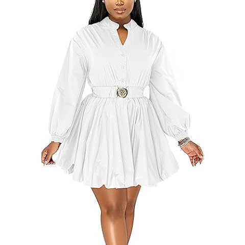 ENOPINK Womens Puff Sleeve Mini Dress Fall Dresses 2025 Button Down Split V Neck High Waist Party Clubwear with Belt White L Cover