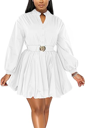 ENOPINK Womens Mini Dress Puff Sleeve Dresses 2025 Button Down Split V Neck High Waist Party Clubwear with Belt