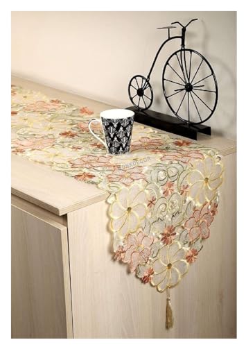 Image of MONKDECOR Design - 022 Brown Color Tissue Cutwork Dining Table Runner (Size- 15x70 Inches)