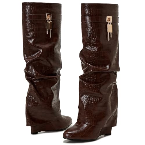 Image of Fold Over Knee High Boots for Women Pointy Pull-on Wedge Heel Knee Shark Boot With Side Zipper Covered Wedge Heel Padlock Boot