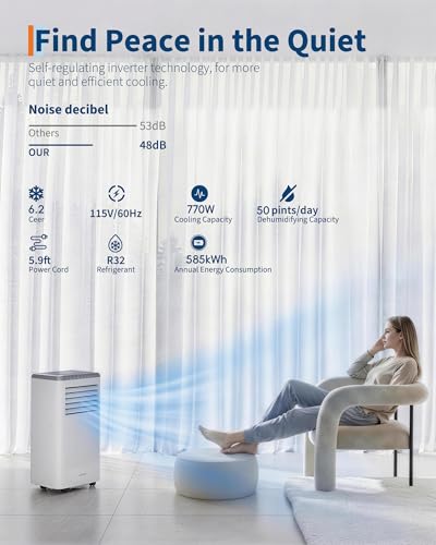 Image of Garvee 8000BTUs Portable Air Conditioner with Remote Control,350 Sq.Ft Max. 48dB Portable AC Unit, Dehumidifier, Fan, Sleep, 24H Timer&Installation Kit, DOE Certified, Ceer 6.2,White+Grey