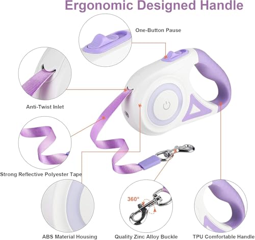 Image of Luminous Retractable Dog Leash with Front Safety Led Light - 3M /10ft 360Tangle-Free Training Leash for Ultimum Freedom with Anti Slip Handle Dogs & Cats - Purple