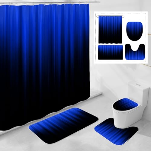 Litabel 4 Pcs Royal Blue and Black Gradient Shower Curtain Set with Rugs and Toilet Lid Cover, Modern Simple Waterproof Fabric Bathroom Set, Ombre Stripe Gothic Abstract Bathroom Decor Set Accessories