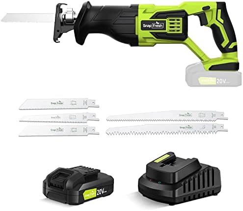 Cordless Reciprocating Saw - SnapFresh 20V Reciprocating Saw for Wood Metal Plastic Cutting, 1-inch Stroke Length, 3000 SPM Cordless Electric Saw w/ 2.0 Ah Battery, 1h Fast Charger, 5 Saw Blades