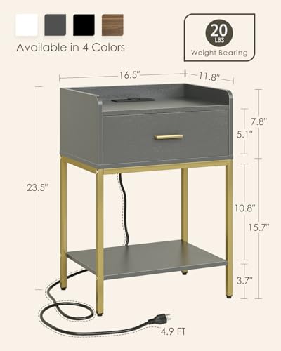 Image of Masupu Nightstand with Charging Station,3-Tier Modern Bedside Night Stand with Storage Drawer and Shelf,Small End Side Table for Bedroom,Living Room,Grey