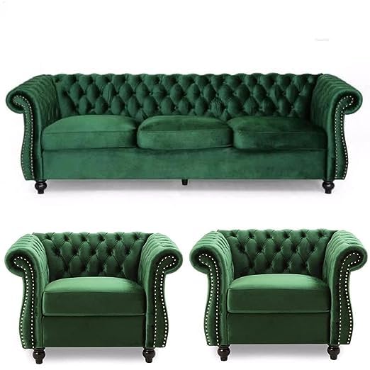 Image of 5 Seater Luxury Chesterfield Sofa in Velvet for Living Room & Dining Room (100% Teak Wood)(Green)