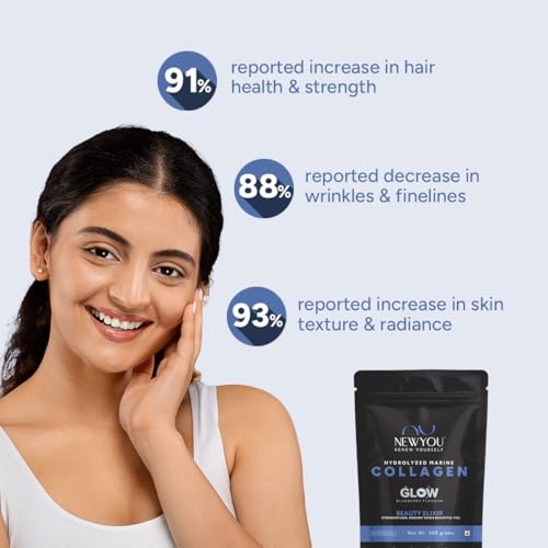 Image of NewYou Collagen Glow Marine Collagen Powder for Skin, Hair & Nail Support | With Glutathione, Biotin, Hyaluronic Acid & Vitamins B Complex, C & E | Supports Skin Hydration & Hair Health | Blueberry Flavour | 500g
