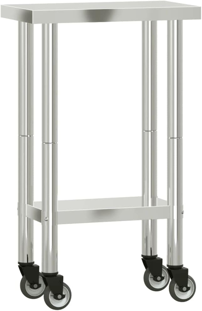 vidaXL Stainless Steel Kitchen Work Table on Wheels - 21.7"x11.8"x33.5" | Mobile Prep Station for Restaurants, Bars, Homes
