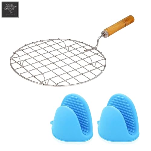 Image of Sulfar Cooking Essentials Combo | Includes Wire Round Roaster with Wooden Handle and Silicone Mini Oven Gloves | Heat Resistant, Durable, Perfect for Kitchen Use