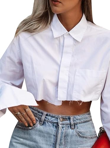 Remidoo Women's Asymmetrical Hem Long Sleeve Cropped Button Up Shirt Crop Top Blouse Streetwear3