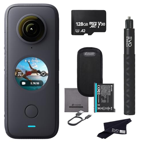 Insta360 ONE X2 360 Camera with Touchscreen - 5.7K30 360 Video, Front Steady Cam Mode, 18MP 360 Photo + InstaPano | Bundle Includes Invisible Selfie Stick (120cm) & 128GB Memory Card (3 Items)