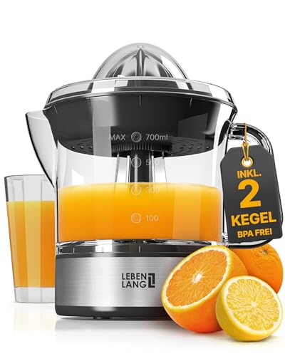 LEBENLANG Zitruspresse elektrisch - 2 Kegel & BPA-Frei I Hohe Saftausbeute I 700ml Orangenpresse elektrische Saftpresse Edelstahl für Zuhause I Entsafter Zitronenpresse Orangensaftpresse Fruchtpresse