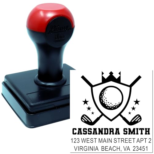 Image of Handheld Golf Champion Crest Duo Hand Address Stamper - Address Marking | Any standard pad works. Golfer Gift Stamp. Compact Address Stamper. Up to 50 characters per line. One household per die.