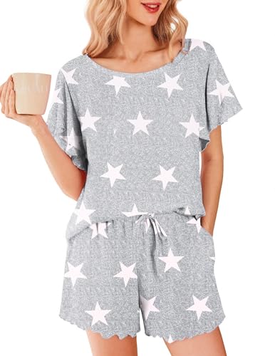 Ekouaer Schlafanzug Damen Kurz Pyjamas Set Nachtwäsche Kurzarm Zweiteiliger Casual Sommer Sleepwear Stern Grau M Ekouaer Schlafanzug Damen Kurz Pyjamas Set Nachtwäsche Kurzarm Zweiteiliger Casual Sommer Sleepwear Stern Grau M
