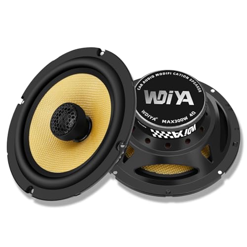 Upgraded 6.5 Inch Coaxial Car Speakers, 2-Way Glass Fiber Cone Woofer, Full Range High Fidelity 300W 4 Ohm, Yellow (2 Speakers)