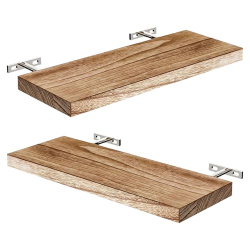 UNTERING Paquete de 2 estantes flotantes de madera marrón claro de 40 cm, almacenamiento de pared, organizadores modernos para el hogar, para baño, no requiere herramientas, estantes de pared
