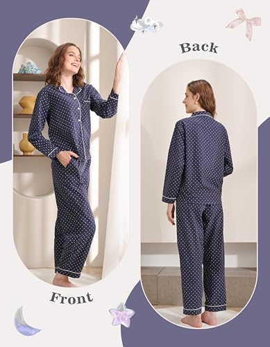 Image of NAP BOUND 100% Cotton Pajamas for Women 2 Piece PJs Set Long Sleeve Button Down Breathable Woven Sleepwear Loungewear XS-XXL