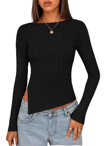 MEROKEETY Women's Fall Long Sleeve Sweater Tops 2025 Boat Neck Ribbed Asymmetric Lightweight Knit Shirts