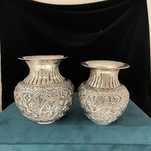 indiancraftsbykanika Silver Plated Set of 2 Fully Carved Kalash for Home décor/Housewarming/Diwali