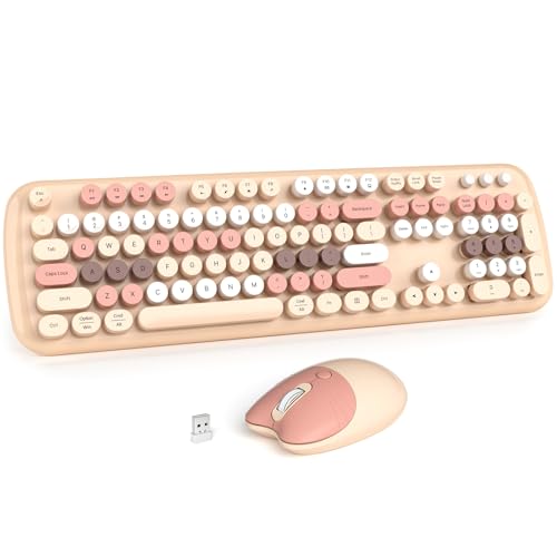 Image of Wireless Keyboard and Mouse Combo for Windows, MOWUX 2.4G Full-Sized External Cordless Computer Keyboard, Compact Mouse, 8 Multimedia and Shortcut Keys, for PC, Laptop - Milk Tea Colorful