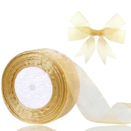 Hiswan 1.5 inch Sheer Organza Ribbon Gold Chiffon Ribbon for Gift Wrapping Christmas Halloween Decoration Wedding Bouquet Crafts 50 Yards