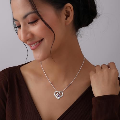 Image of TRUESILVER ACPL 925 Sterling Silver Personalized Photo Necklace for Women | Custom Couple Heart Pendant with Name Date & Birthstone | Engraved Picture Necklace Gift for Wife Mother Anniversary Birthday