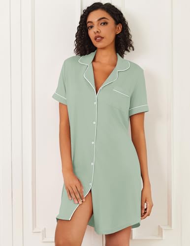 Image of Ekouaer Nightgowns for Women Bamboo Viscose Sleep Shirts Button Down Night Shirt Short Sleeve Boyfriend Pajama Dress