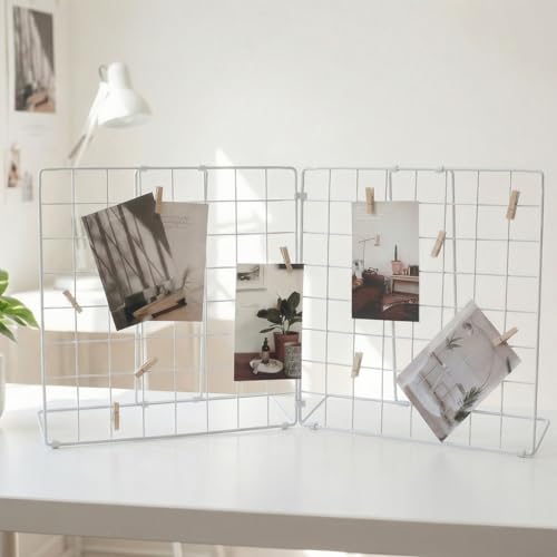 JAJAGOU Foldable Desktop Photo Display Rack & Grid Display Board with 20 Wooden Clips Photo Accessory & Handcraft Display Organizer for Home Office White