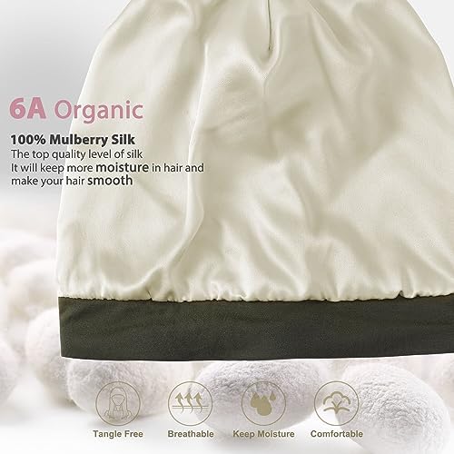 Hat Hut 100% Mulberry Silk Lined Sleep Cap Pure Silk Bonnet for Curly Hair Wrap Bonnet for Sleeping Slouchy Beanie (Green) - Image 2