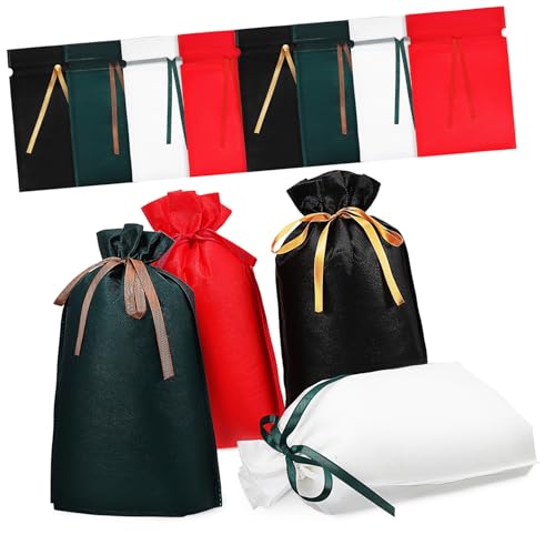 COLLBATH 12個 無紡布巾着袋 プレゼント用ラッピングバッグ 大口開閉可能 丈夫で変形しにくい 黒 白 深緑 赤 各色 贈り物収納やパーティー用品