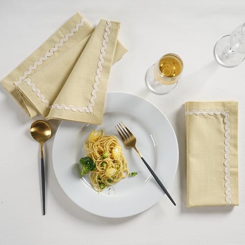 Image of FINGERCRAFT Cloth Napkins Set of 6, 18x18 Inch, 100% Cotton Table Napkins with RIC Rac Scallop Lace Trim, Reusable Washable Dinner Napkins for Wedding, Party, Dining & Home Decor (Beige)