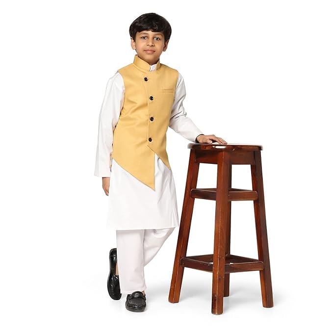 tututree Boys Black Nehru Jacket | Kids Indo-Western Waistcoat, Modi Coat, Sleeveless Kurta Vest for Wedding, Party & Ethnic Wear | Adjustable Fit | Ages 3–14 Years (Golden, 13 to 14 Y) 1