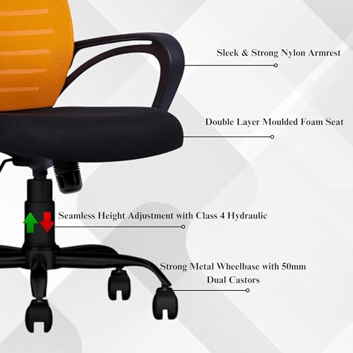 Image of Align Bliz Mesh Computer Chair for Work from Home, Ergonomic Office Seating with Height Adjustment, Armrest Support, Ventilated Backrest, Smooth Swivel Base, 3 Years Warranty - (Orange, Mid Back)