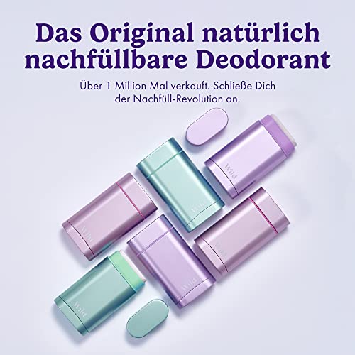 Wild - Natürliches nachfüllbares Deo - Aluminiumsalzfrei - Metallicblauer Deobehälter mit Nachfüll-Sortenpaket - Enthält Fresh Cotton & Sea Salt, Cherry Blossom, Coconut & Vanilla Düfte - Vegan