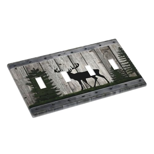 Decorative Light Switch Cover Plate Rustic Deer Elk Forest Grey Wood Board 4 Gang Wall Plate Oversized Quad Toggle Switch Cover Plate Jumbo Faceplate for Farmhouse Decor