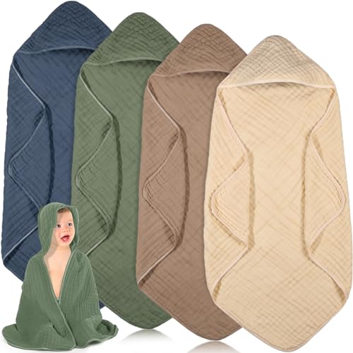 Image of Peryiter 4 Pcs Muslin Hooded Baby Towels 32x32inch Cotton Newborn Bath Essentials Muslin Infant Blankets Absorbent Registry for Babies Girl Boy Toddler Kids (Green)