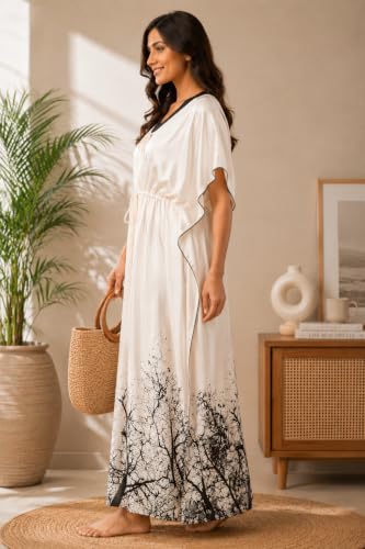 Image of Noty Women's Kaftan Nighty | Digital Print | Sarena Fabric | V Shaped Neck Nightwear | Nightdress for Girl