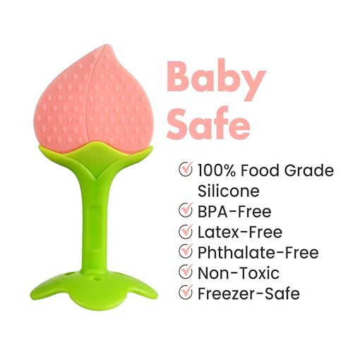 Image of 1 Baby Skin Care Powder Talcum Puff Case Cum Container Box With 1 Soft Silicone Fruit Shape Molar Teething Toy for Toddlers Kids and Infants BPA Free (DESIGN 201)