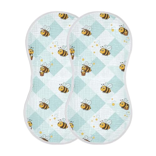 2 Pack Muslin Burp Cloths Bee Light Blue Checkered Cotton Baby Burp Cloths Ultra Absorbent and Soft Burping Cloth for Newborn Must Haves, Large 22