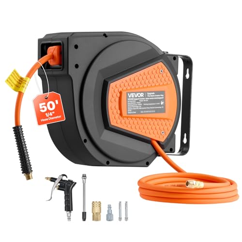 VEVOR Retractable Air Hose Reel 1/4 Inch x 50 FT Hybrid Air Hose Max 300PSI Enclosed Air-Compressor Hoses Reel Auto Rewind with 6.6 ft Lead in & Blow Gun 180 Swivel Ceiling/Wall Mount