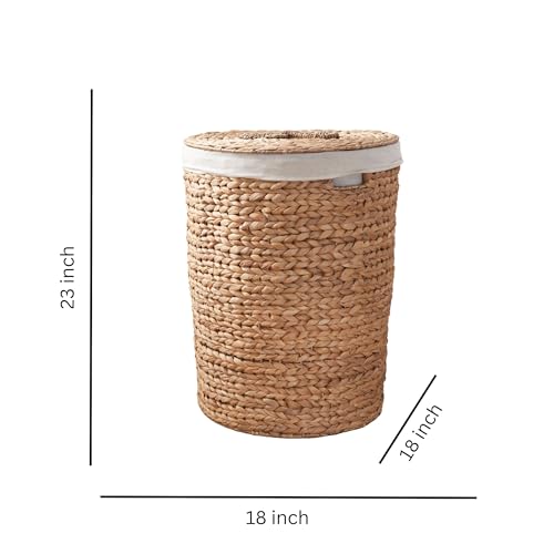 Image of Round Woven Wicker Laundry Hamper with Lid - Large Water Hyacinth Storage Basket, 18x18x23 in