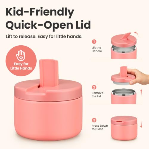Image of Pawtong 12oz Insulated Vacuum Food Jar with Buckle Lid Wide Mouth Soup Thermo for Hot Food Kids Leakproof Stainless Steel Lunch Container- Pink- 1Pack