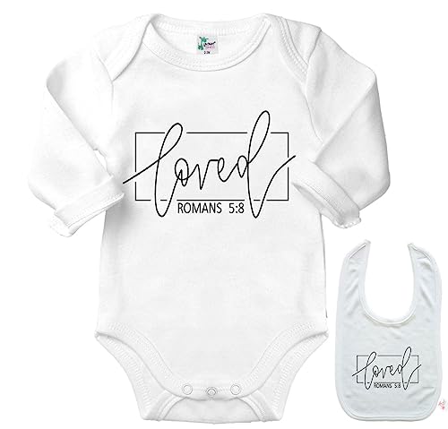Image of LOVED -Cute religious Bible Quote Newborn Baby Bodysuit Gift Outfit Onesie & Bib