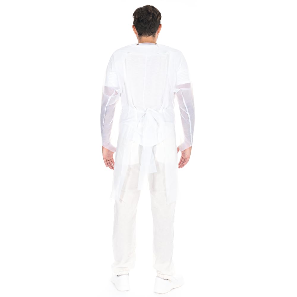 FRANZ MENSCH 100 Stück Hygostar Hygiene-Kittel mit Daumenloch | CPE, weiß, XL, L: 115cm, B: 100cm, Karton, PP+PE-Schutzkittel Einweg, OP Kittel, Einweg Kittel, Schutzkittel wasserdicht, Einmalkittel