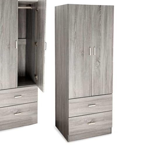 MA MAISON Armadio Guardaroba 2 Ante e 2 Cassetti - Mobile in Legno Truciolare, Classico, Camera da Letto, Cabina portabiti, Appendiabiti, Capiente, Organizzatore Multiuso - 60 x 42 x 180 cm (Olmo)